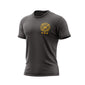 Gray t-shirt with a yellow emblem on a white background