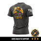 Black t-shirt with a graphic design and text on the back, displayed against a white background.