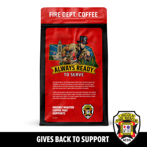 Fire Dept. Coffee package with a firefighter graphic and Lincoln Fire Rescue logo on a white background