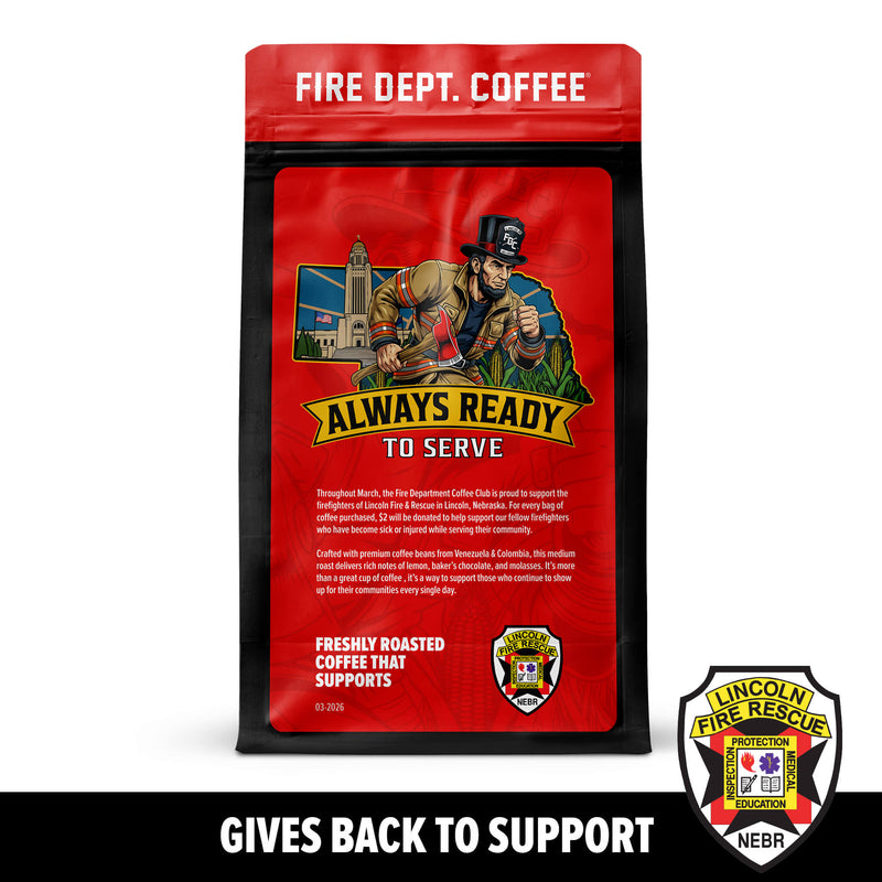 Fire Dept. Coffee package with a firefighter graphic and Lincoln Fire Rescue logo on a white background
