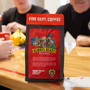 Fire Dept. Coffee package with a firefighter graphic and Lincoln Fire Rescue logo on a white background