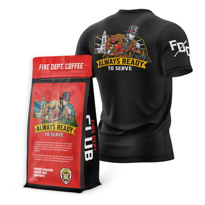 Black t-shirt and red coffee bag with 'Fire Dept.' branding on a white background