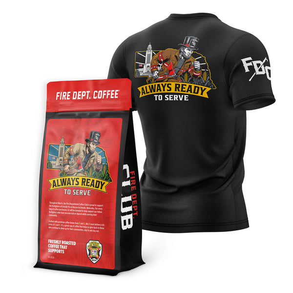 Black t-shirt and red coffee bag with 'Fire Dept.' branding on a white background