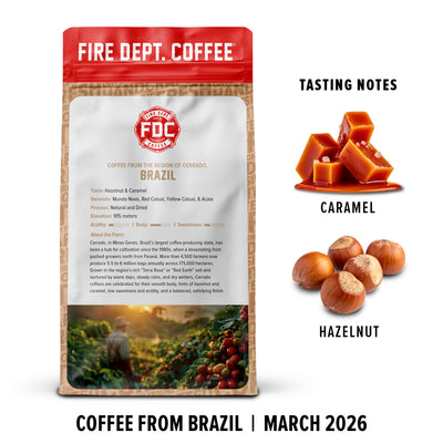 Fire Dept. Coffee package with tasting notes for caramel and hazelnut, featuring a farmer and coffee beans on a white background.