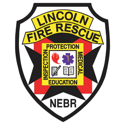 Lincoln Fire Rescue logo with shield design, text, and symbols on a white background.