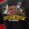 Black t-shirt with a graphic of a firefighter and text 'Always Ready to Serve' on a red background.