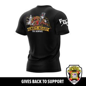 Black t-shirt with graphic design and text 'Always Ready to Serve' on a white background