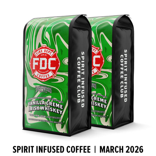 Two green and black coffee bags with FDC Coffee branding on a white background.
