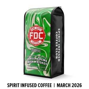 Green coffee bag with FDC Coffee logo and vanilla crème Irish whiskey flavor on a white background.