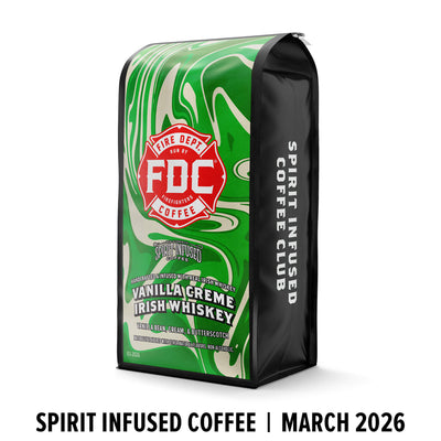 Green coffee bag with FDC Coffee logo and vanilla crème Irish whiskey flavor on a white background.