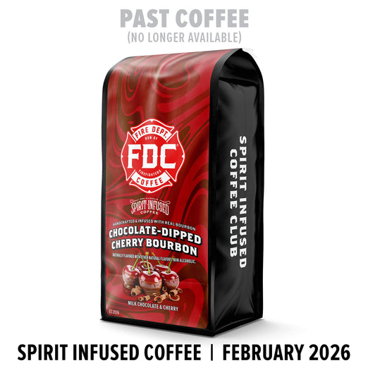 Red coffee bag with FDC Coffee branding on a white background