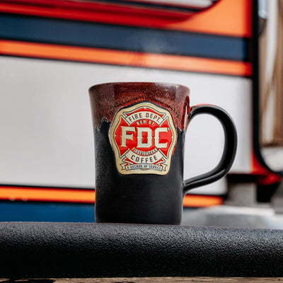 Fire Department Coffee Hand Dipped 10 Year Anniversary Pottery Mug with a white background. 
