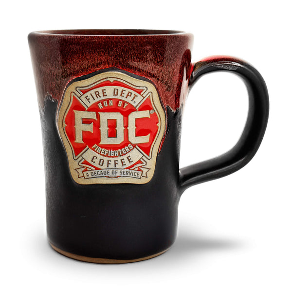 Fire Department Coffee Hand Dipped 10 Year Anniversary Pottery Mug with a white background. 
