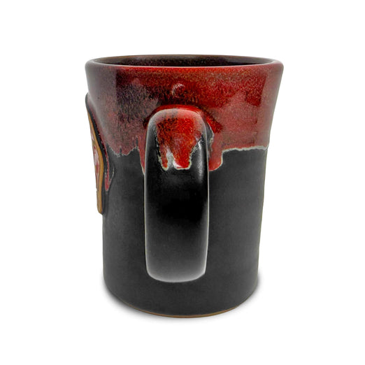 The side of the Fire Department Coffee Hand Dipped 10 Year Anniversary Pottery Mug with a white background. 