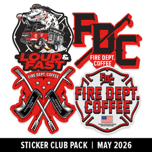 Collection of Fire Dept. Coffee stickers with logos and text on a white background.