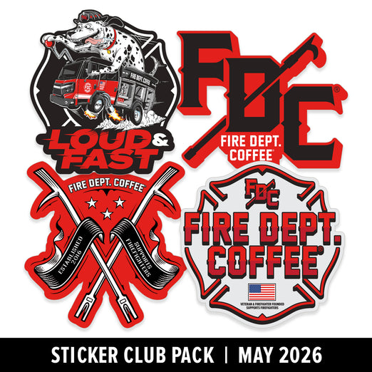 Collection of Fire Dept. Coffee stickers with logos and text on a white background.