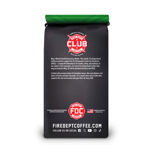 Black coffee bag with red and white branding on a white background