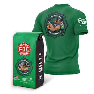 Green t-shirt and Fire Dept. Coffee bag with Maltese Cross design on a white background.