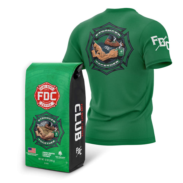 Green t-shirt and Fire Dept. Coffee bag with Maltese Cross design on a white background.