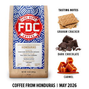 FDC Coffee bag with tasting notes for graham cracker, dark chocolate, and caramel.