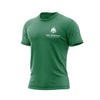 Green t-shirt with a logo and text on a white background
