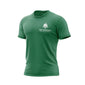 Green t-shirt with a logo and text on a white background