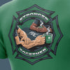 Green t-shirt with a graphic of two arms holding coffee mugs and the text 'Stronger Together' on a green background.