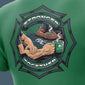 Green t-shirt with a graphic of two arms holding coffee mugs and the text ’Stronger Together’ on a green background.