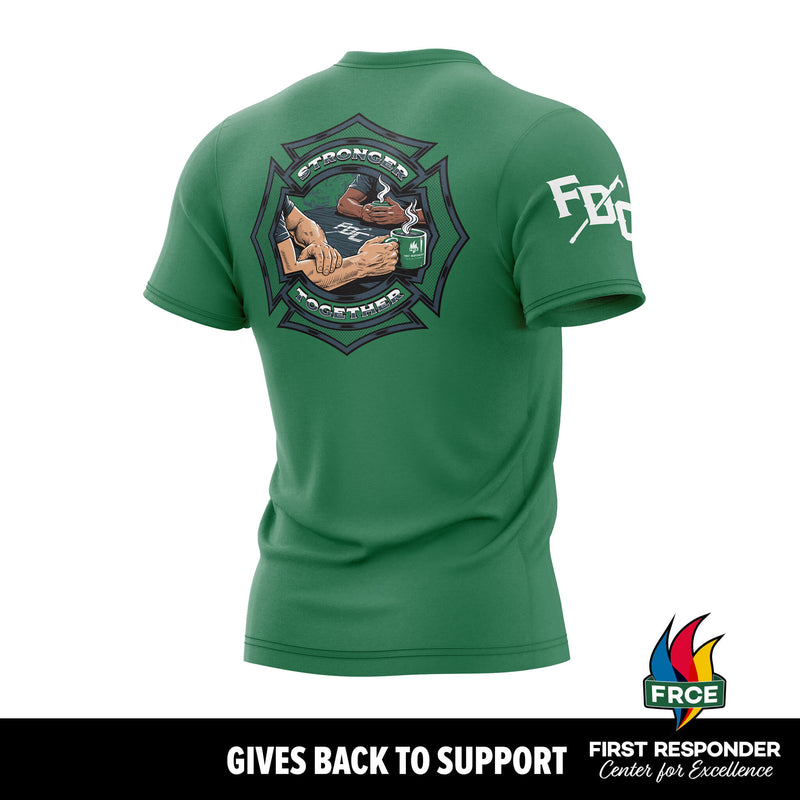 Green t-shirt with graphic design and text on a white background