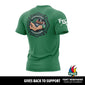Green t-shirt with graphic design and text on a white background