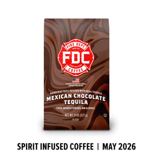 Coffee package with FDC logo and Mexican Chocolate Tequila flavor on a white background