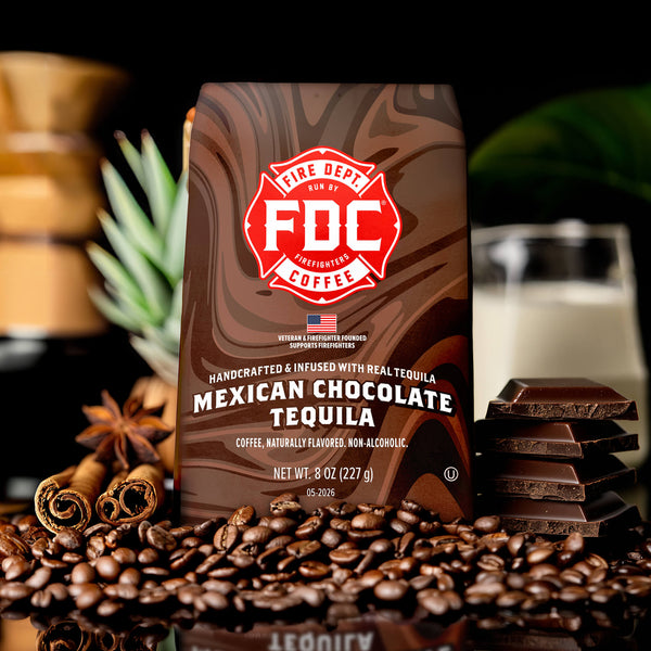 Coffee package with FDC logo and Mexican Chocolate Tequila flavor on a white background