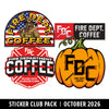 Four FDC Fire Department Coffee stickers shown on a white background with a black banner reading 'Sticker Club Pack | October 2026'. The stickers include an arched firefighter-themed coffee logo, a red-and-black FDC logo, a red-and-white fire department coffee logo, and an orange pumpkin sticker with FDC lettering.