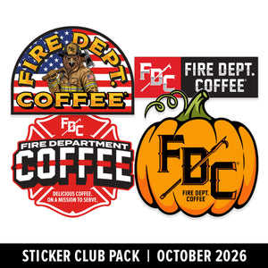 Four FDC Fire Department Coffee stickers shown on a white background with a black banner reading 'Sticker Club Pack | October 2026'. The stickers include an arched firefighter-themed coffee logo, a red-and-black FDC logo, a red-and-white fire department coffee logo, and an orange pumpkin sticker with FDC lettering.