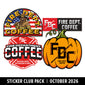 Four FDC Fire Department Coffee stickers shown on a white background with a black banner reading ’Sticker Club Pack | October 2026’. The stickers include an arched firefighter-themed coffee logo, a red-and-black FDC logo, a red-and-white fire department coffee logo, and an orange pumpkin sticker with FDC lettering.