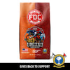 A 12 oz bag of FDC Fire Department Coffee on a white background with a black banner at the bottom reading 'GIVES BACK TO SUPPORT'. The bag is orange and red with a prominent red FDC logo and a 'United Through Service' firefighter illustration.