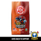 A 12 oz bag of FDC Fire Department Coffee on a white background with a black banner at the bottom reading ’GIVES BACK TO SUPPORT’. The bag is orange and red with a prominent red FDC logo and a ’United Through Service’ firefighter illustration.
