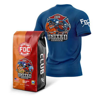 A blue short-sleeve athletic T-shirt shown from both front and back, alongside a matching red-and-black branded bag. The shirt features a large firefighter-themed graphic on the back and a smaller FDC logo on the sleeve.