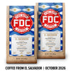 Two bags of FDC Fire Department Coffee from El Salvador, displayed side-by-side against a white background with a black text banner at the bottom reading 'COFFEE FROM EL SALVADOR | OCTOBER 2026'.