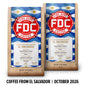 Two bags of FDC Fire Department Coffee from El Salvador, displayed side-by-side against a white background with a black text banner at the bottom reading ’COFFEE FROM EL SALVADOR | OCTOBER 2026’.