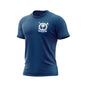 A blue short-sleeve crewneck t-shirt with a white circular emblem printed on the center chest, displayed on a clean white background.