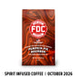 A bag of FDC Fire Department Bourbon Coffee, Pumpkin Pie Bourbon flavor, featuring a red and orange marbled design with a white FDC logo. The bag is shown against a white background with a black text banner at the bottom reading ’SPIRIT INFUSED COFFEE | OCTOBER 2026’.