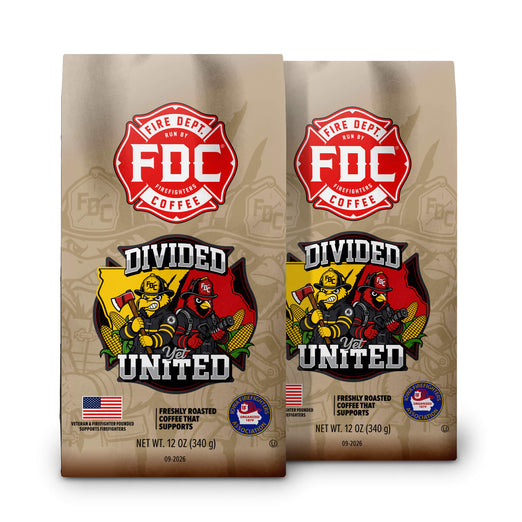 Two bags of FDC Fire Department Coffee ’Divided vs United’ coffee beans on a white background.