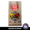 A bag of FDC Coffee 'Divided But United' fresh roasted coffee on a white background with a black banner at the bottom reading 'GIVES BACK TO SUPPORT' and a FIA Firefighters Association logo in the lower right corner.