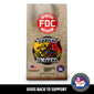 A bag of FDC Coffee ’Divided But United’ fresh roasted coffee on a white background with a black banner at the bottom reading ’GIVES BACK TO SUPPORT’ and a FIA Firefighters Association logo in the lower right corner.