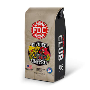A bag of FDC Coffee 'Divided But United' fresh roasted coffee on a white background with a black banner at the bottom reading 'GIVES BACK TO SUPPORT' and a FIA Firefighters Association logo in the lower right corner.