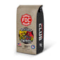 A 12 oz bag of FDC Club Fire Department Coffee, featuring a tan and black design with a red fire department logo and a ’Divided and United’ graphic on the front, set against a plain white background.