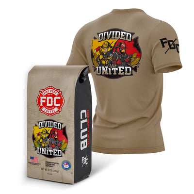 A tan short-sleeve t-shirt shown from both front and back, alongside a matching branded bag. The shirt features a large multicolor graphic on the back with firefighters and the words 'DIVIDED UNITED,' plus a smaller matching graphic on the sleeve.