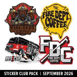 Four FDC Fire Dept Coffee themed stickers shown on a white background with a black banner reading 'Sticker Club Pack | September 2026'. The stickers include a firefighter bear emblem, a yellow fire dept coffee badge, a fire truck illustration, and a large FDC logo.