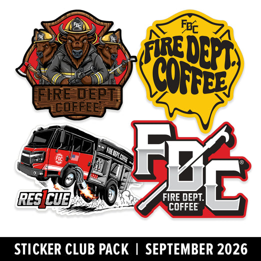 Four FDC Fire Dept Coffee themed stickers shown on a white background with a black banner reading ’Sticker Club Pack | September 2026’. The stickers include a firefighter bear emblem, a yellow fire dept coffee badge, a fire truck illustration, and a large FDC logo.